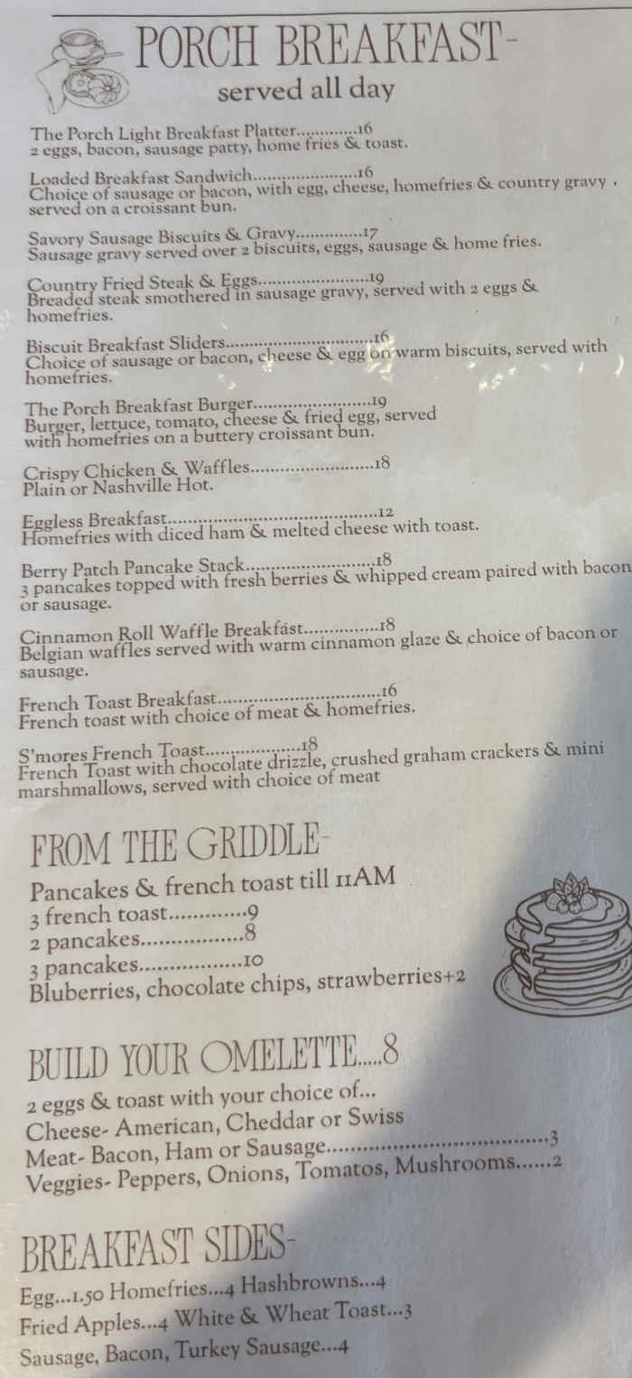 The Porch Light menu page 1