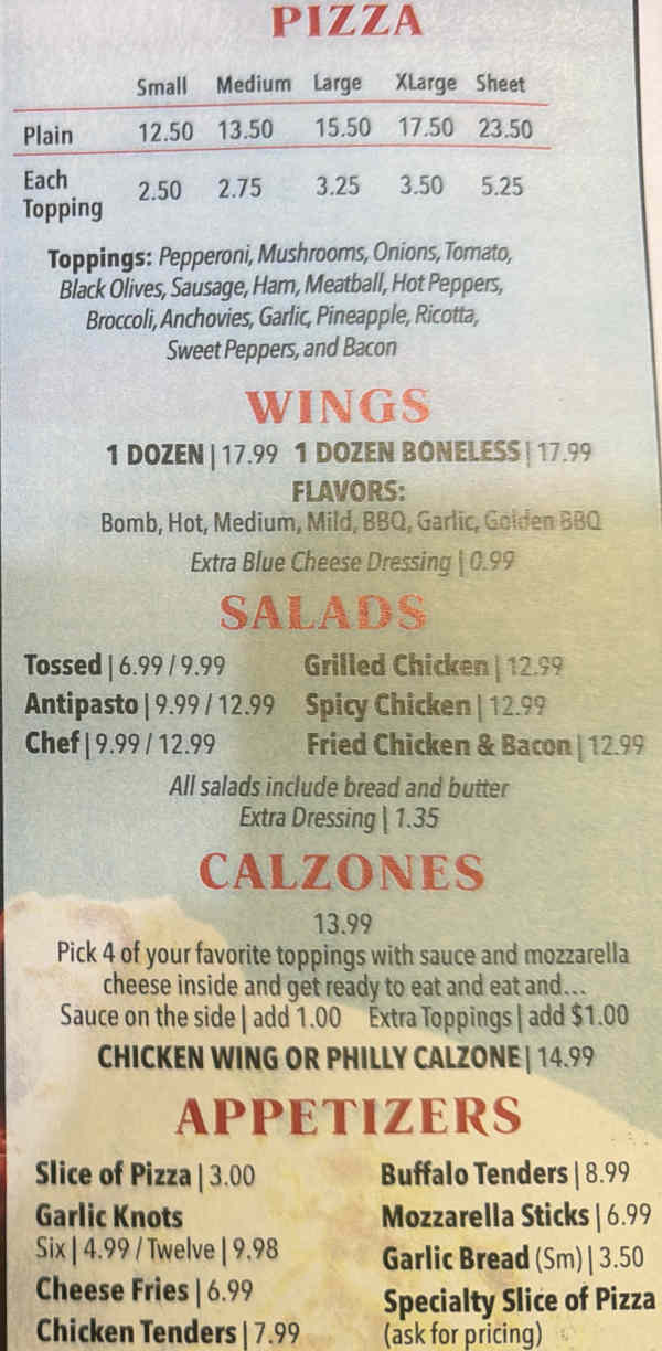 Jerlando's Pizza Montour Falls menu page 1