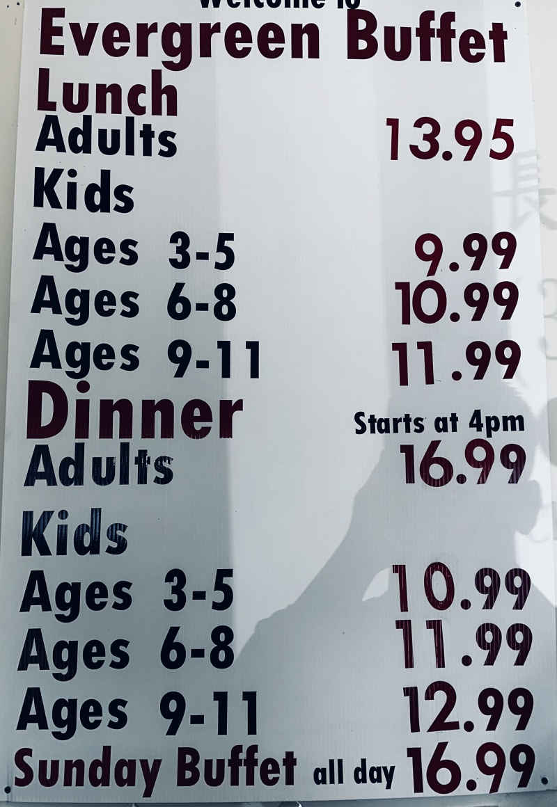 Evergreen Chinese Buffet menu page 1
