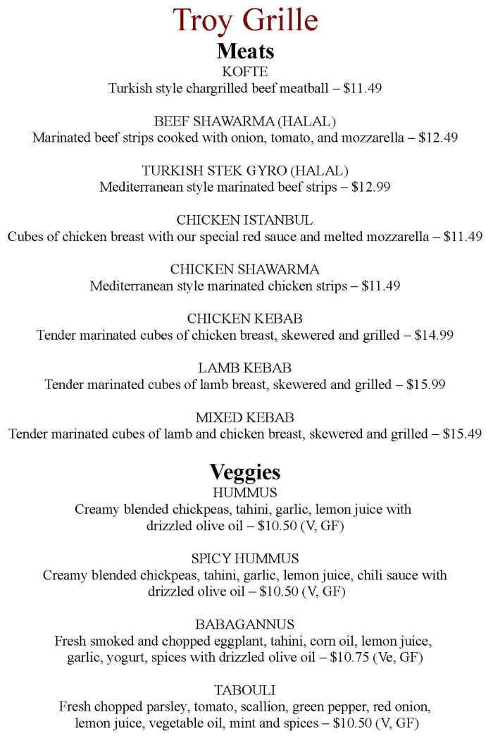 Troy Grille menu page 1