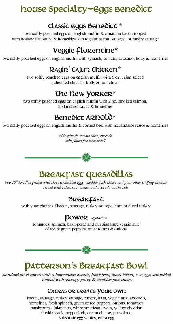 Patterson's Cafe menu page 1