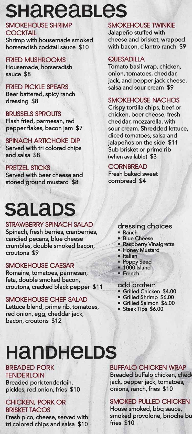 Mr Bill's Village Smokehouse menu page 1