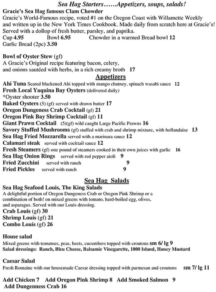 Gracie's Sea Hag menu page 1