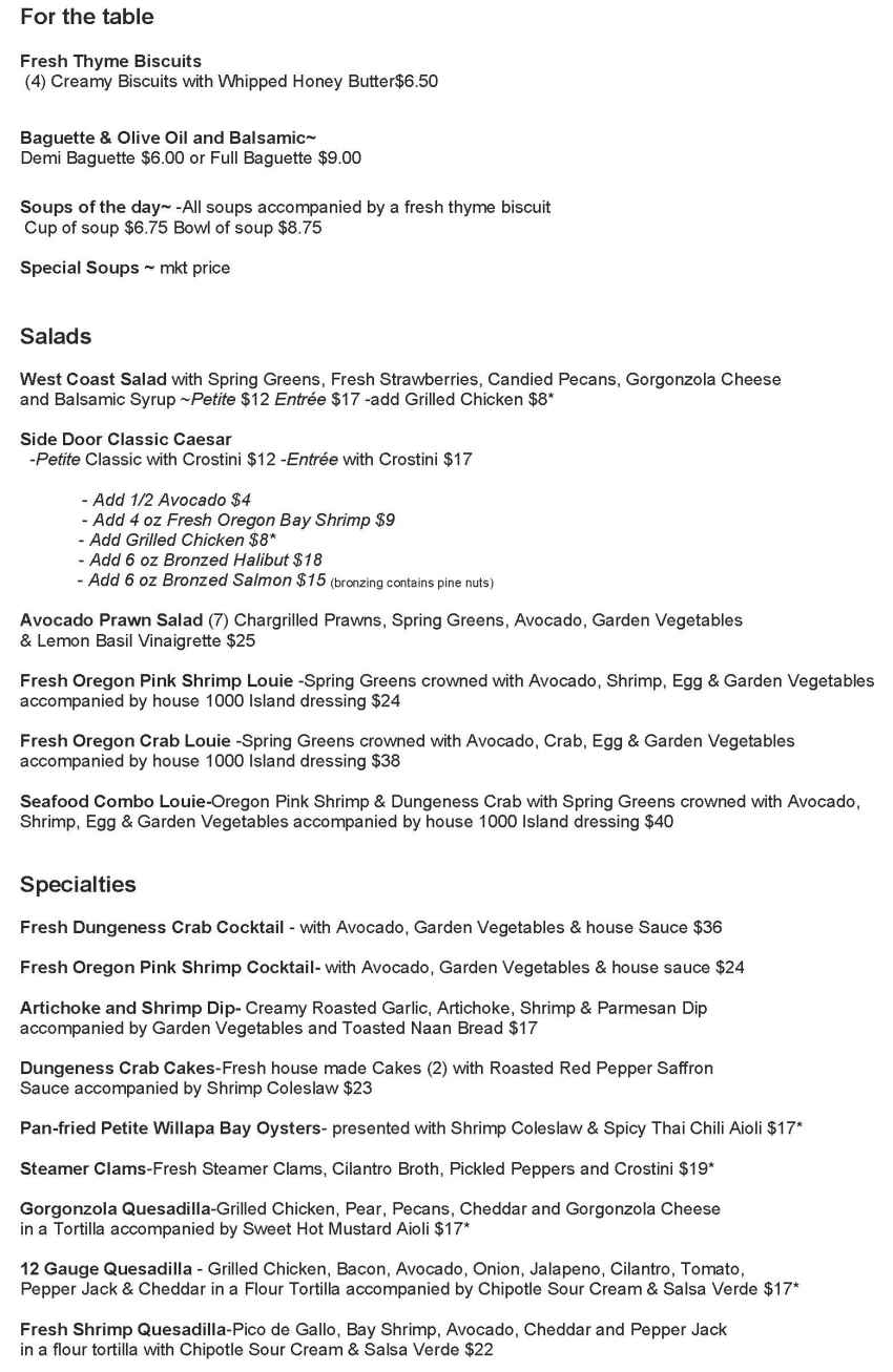 Side Door Cafe menu page 1