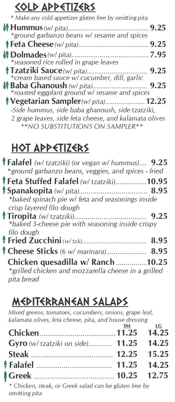 The Athenian Cafe menu page 1