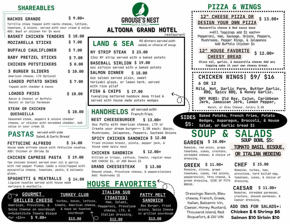 The Grouse's Nest menu page 1