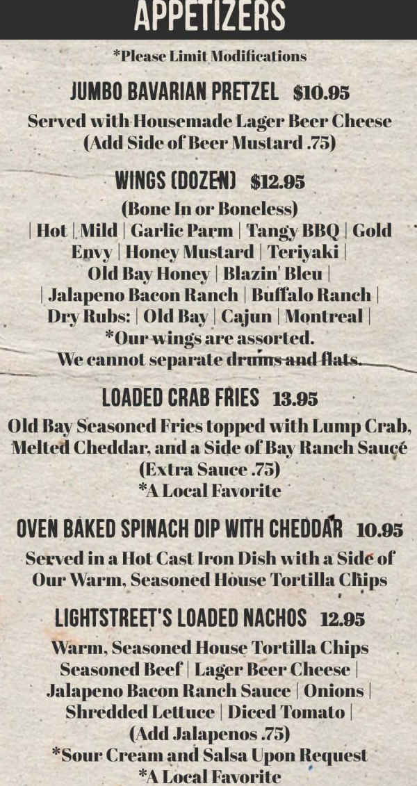 Lightstreet Hotel menu page 1
