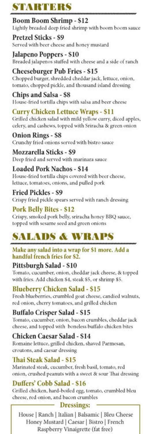Duffer's Tavern menu page 1