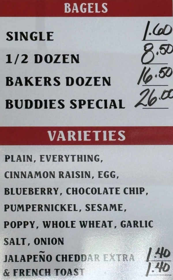 Buddies New York Bagels menu page 1