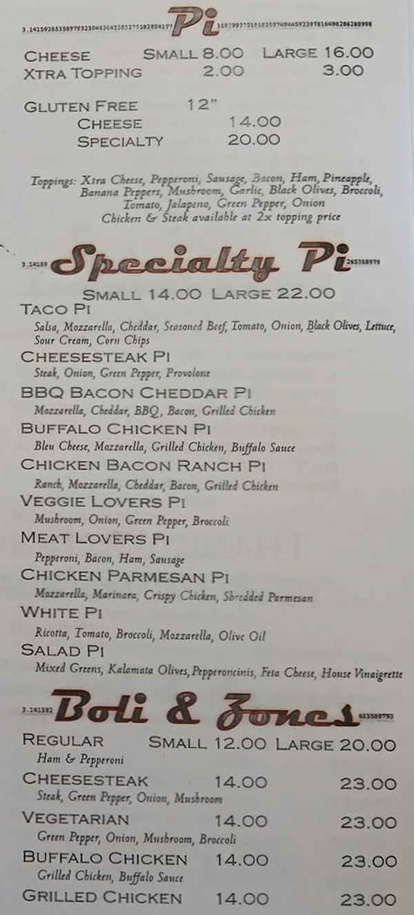 Pi Pizza menu page 1