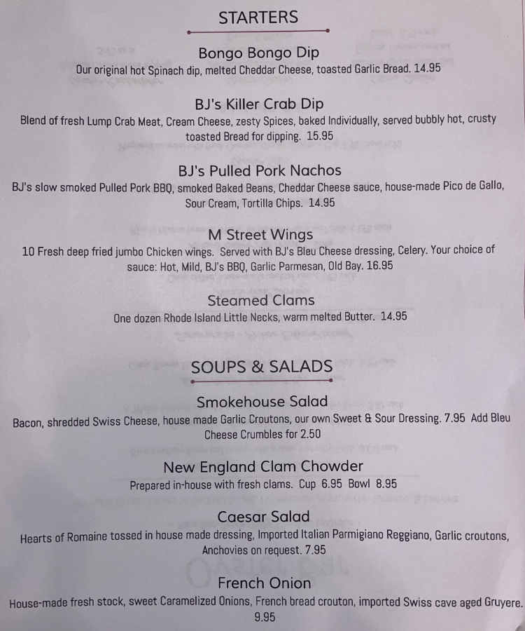 BJ's M Street menu page 1