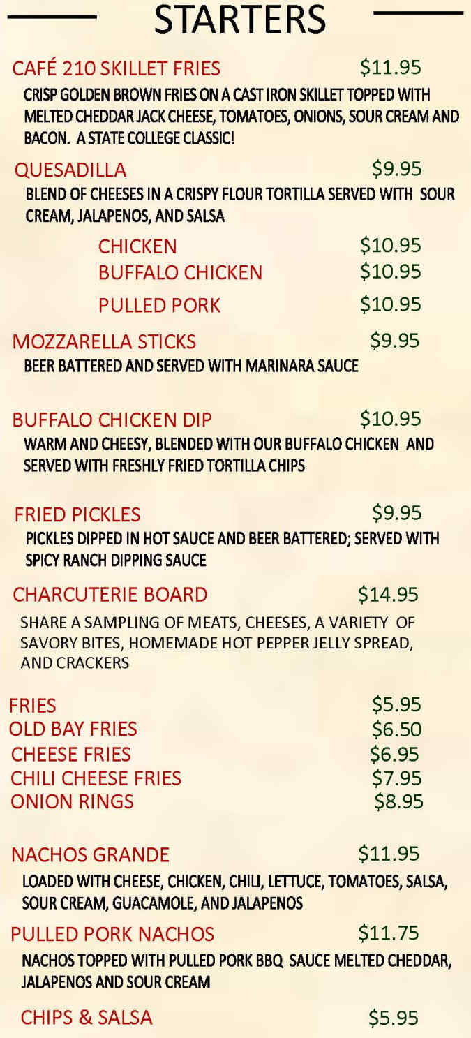 Cafe 210 West menu page 1
