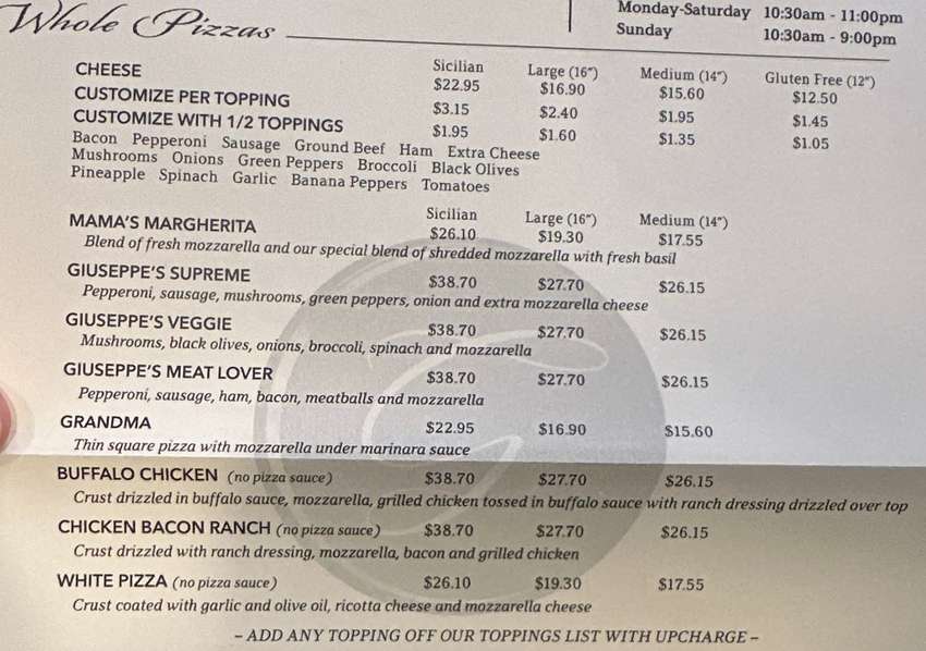 Giuseppe's Pizzeria menu page 1