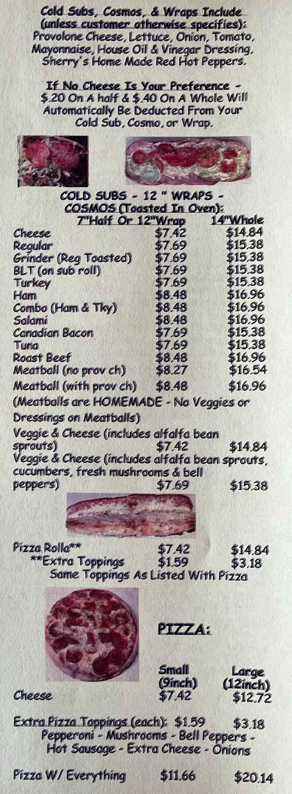 Newberry Sub Shop menu page 1