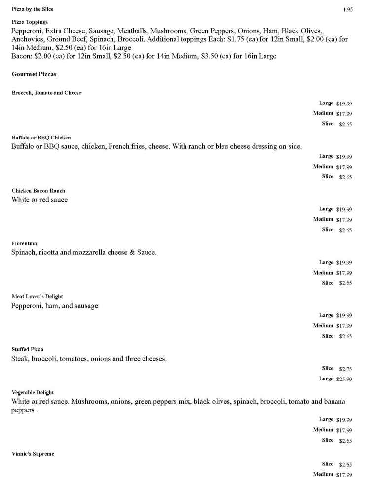 Vinnies' Italian Eatery menu page 1