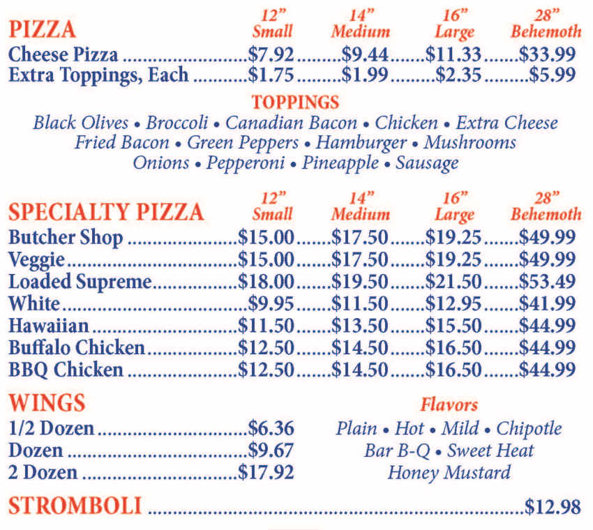 Park Pizza menu page 1
