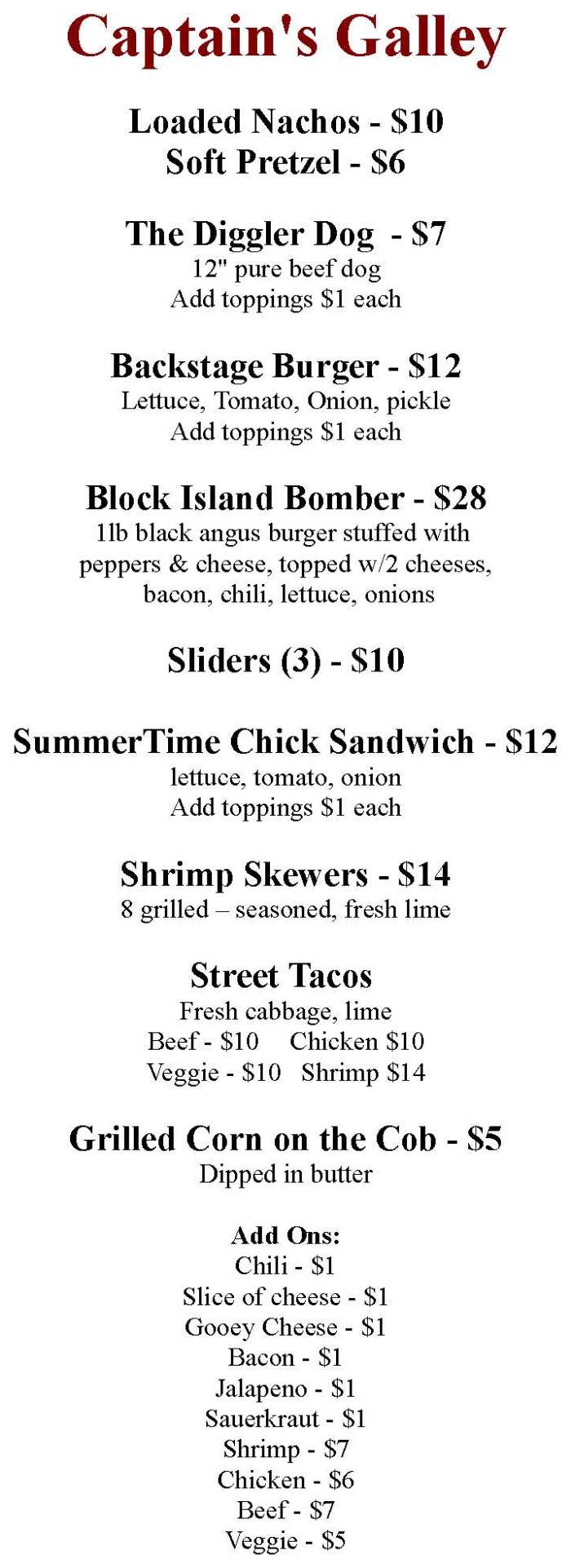 Captain Nick's menu page 1