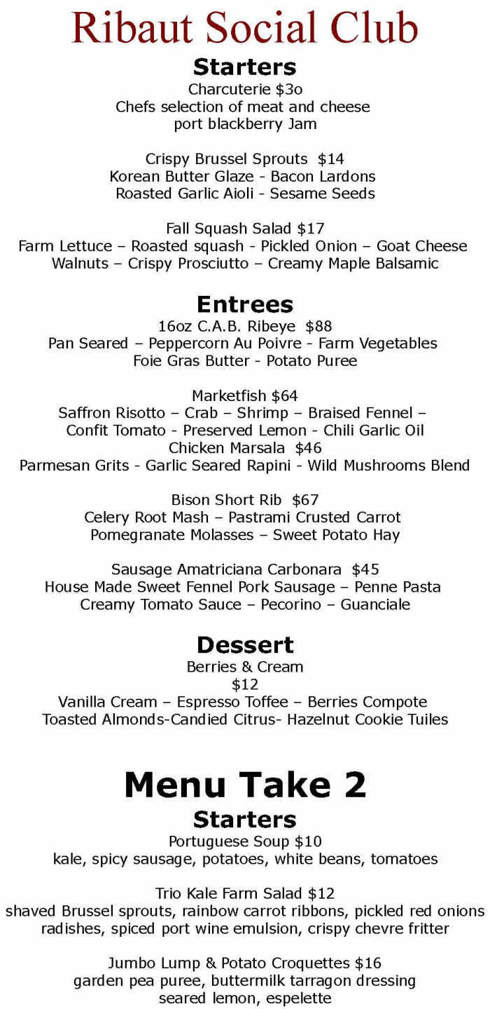 Ribaut Social Club menu page 1