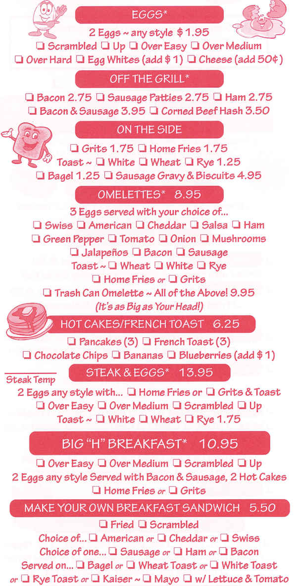 Bacon Diner menu page 1