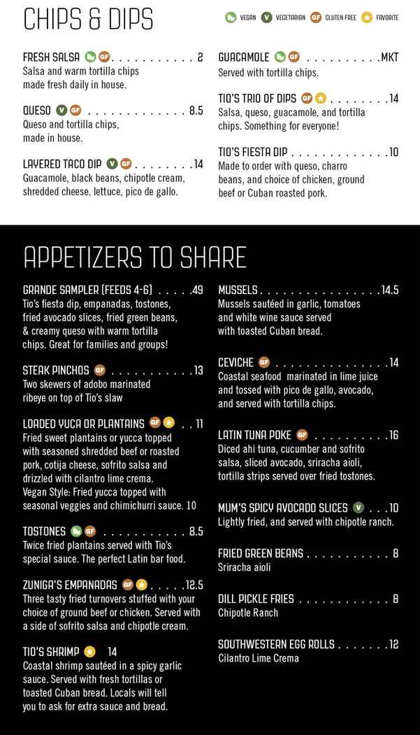 Tio's menu page 1