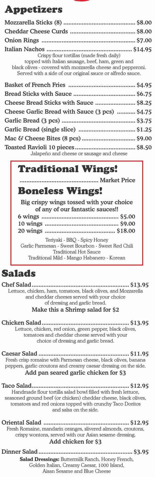El Fredo Pizza Menu, Vermillion, SD