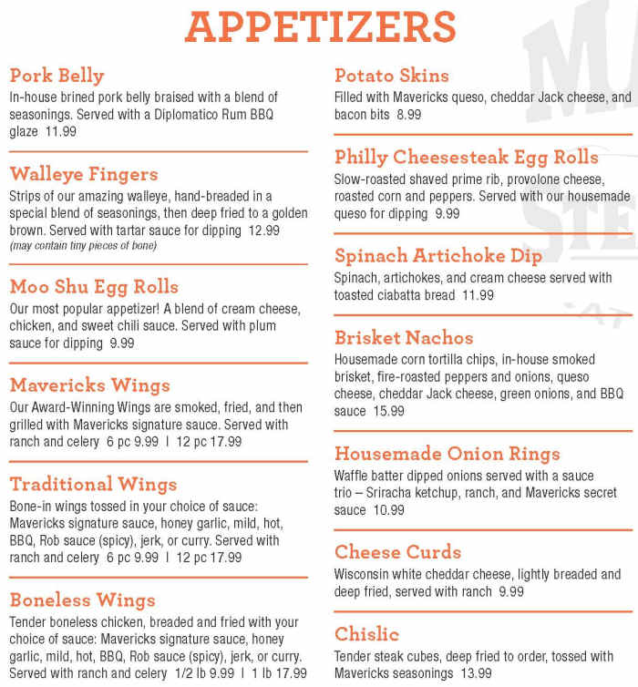 Mavericks Steak & Cocktails menu page 1