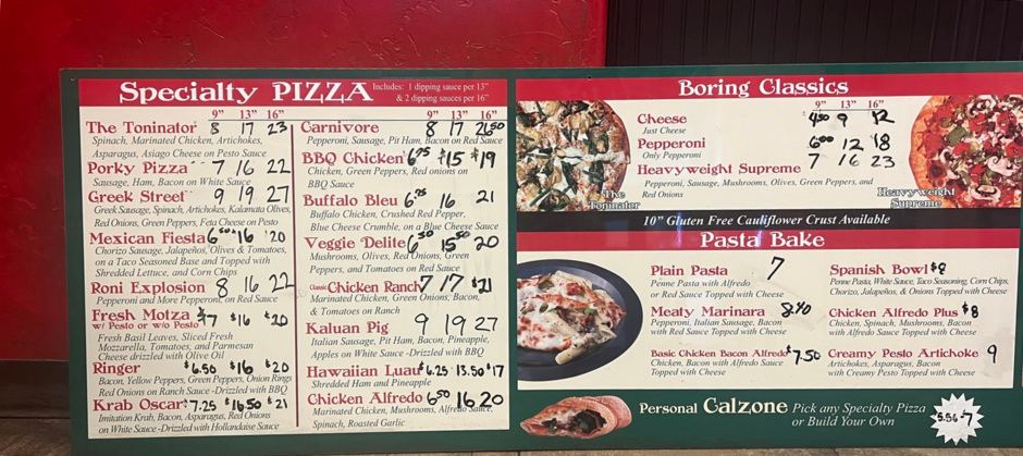 Big Don's Pizza menu page 1