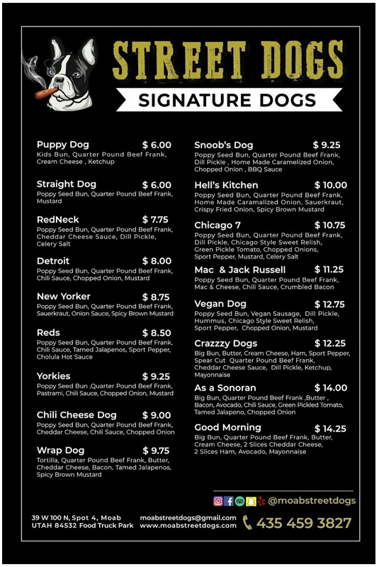 Moab Street Dogs menu page 1