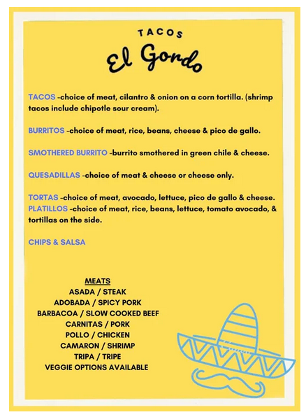 Tacos El Gordo menu page 1