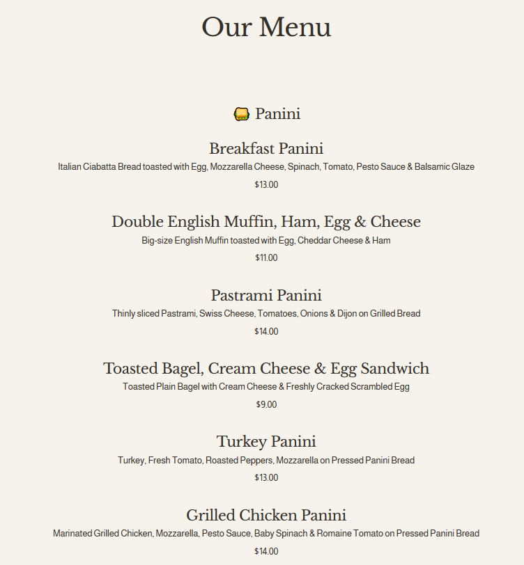 Cafe Italiano menu page 1