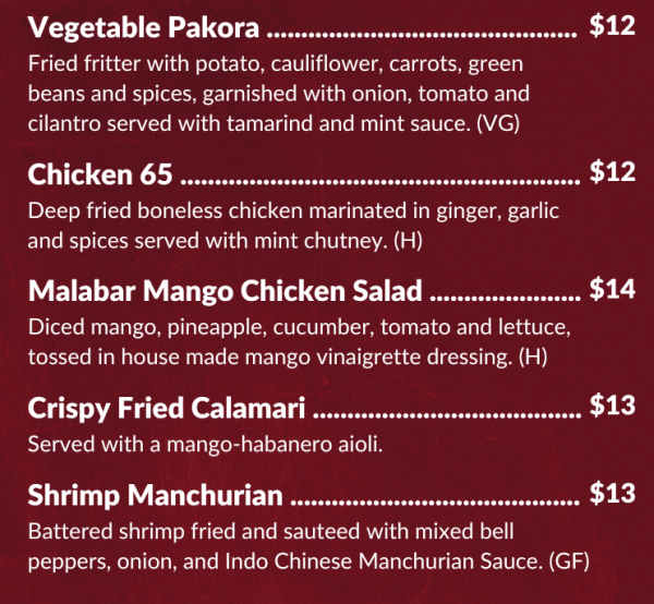 Indo Grill menu page 1