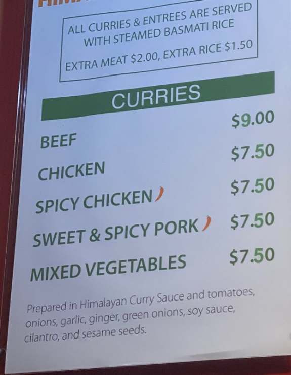 Himalayan Curry Cafe menu page 1
