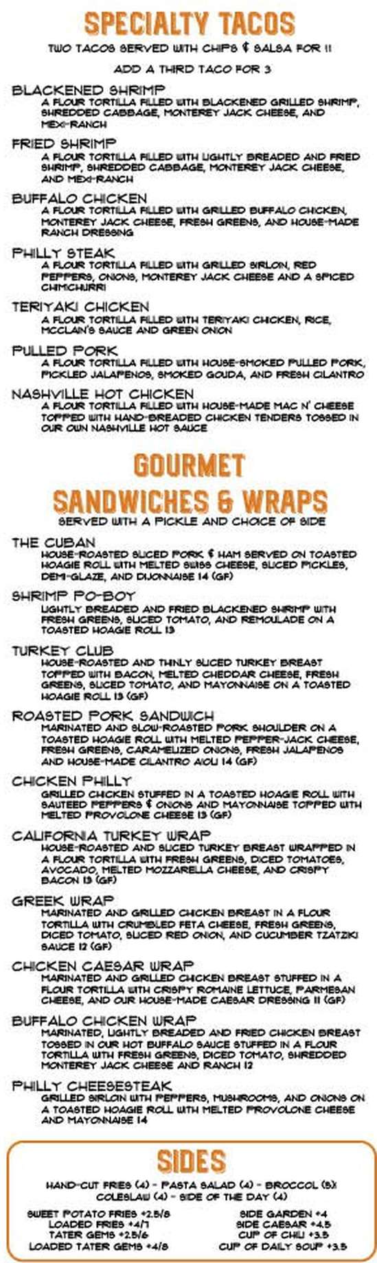 McClain's menu page 1