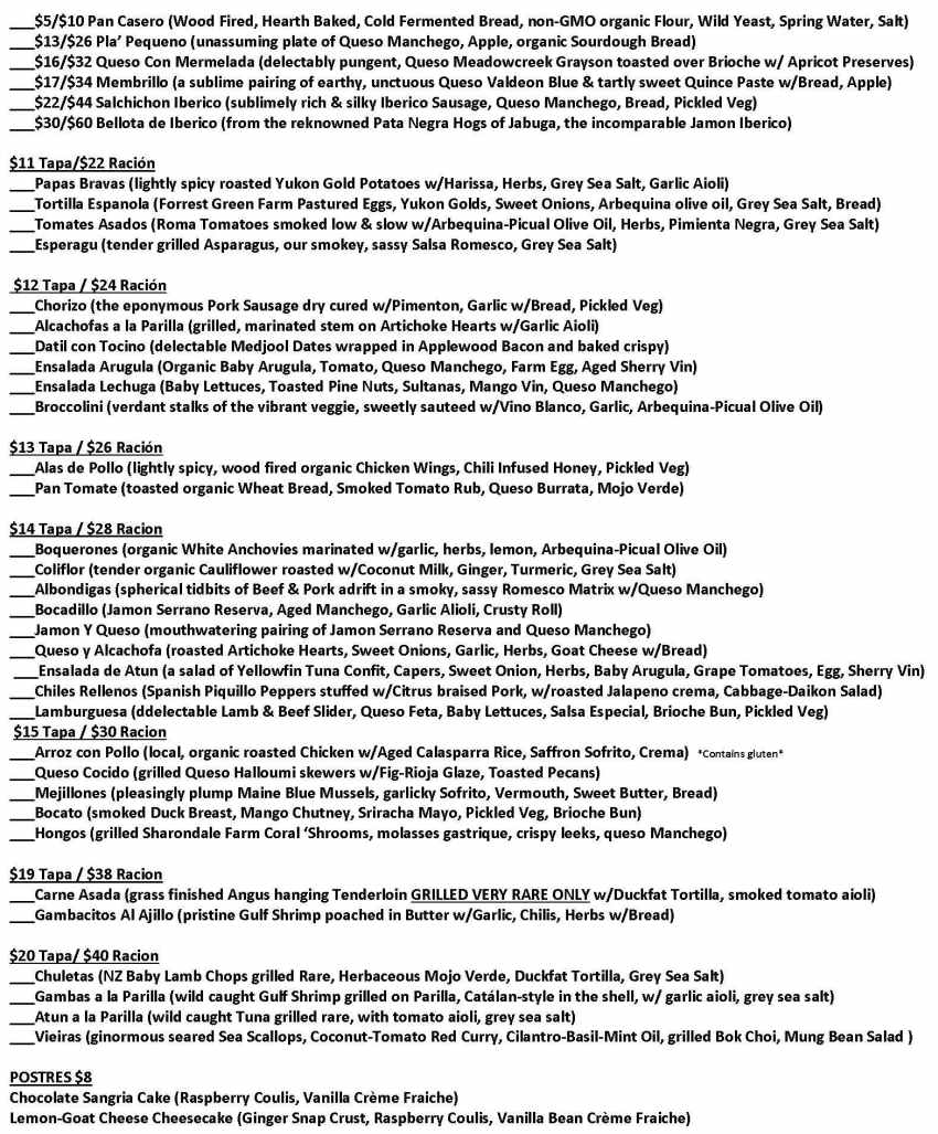 Mas Tapas menu page 1