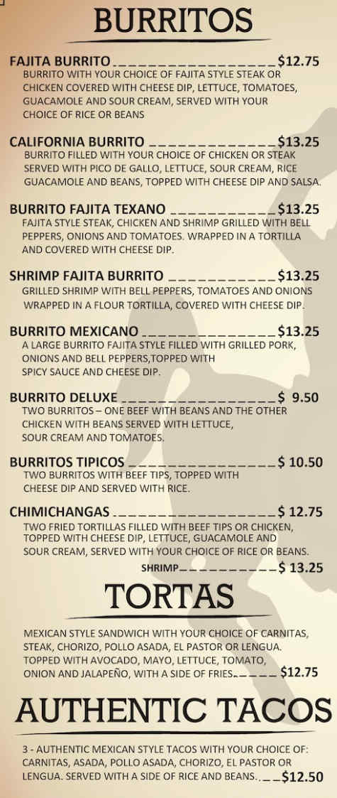 El Bronco Menu, Christiansburg, VA