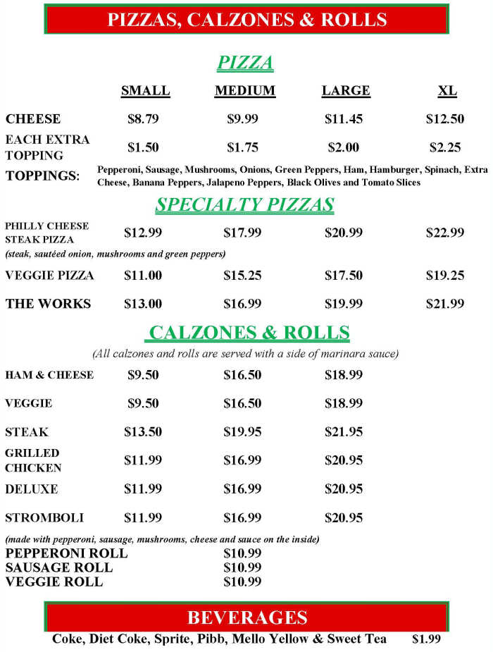 Troy's Steak Subs & Pizza menu page 1