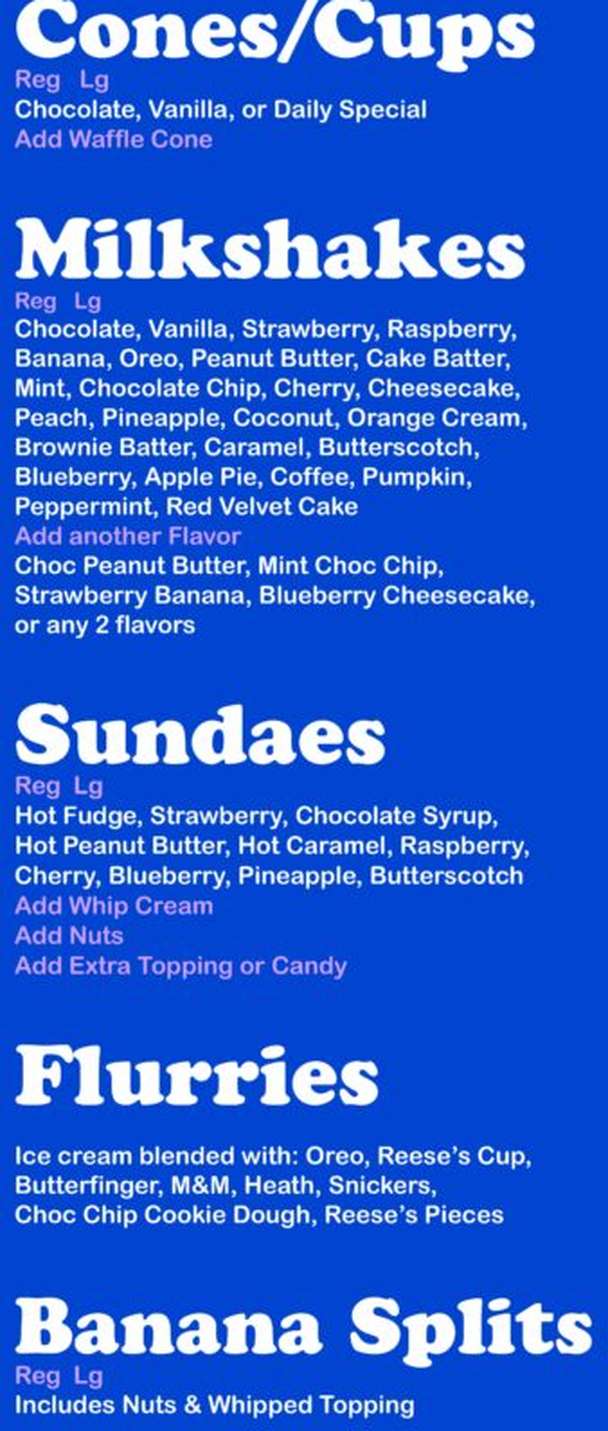 Kline's Dairy Bar menu page 1