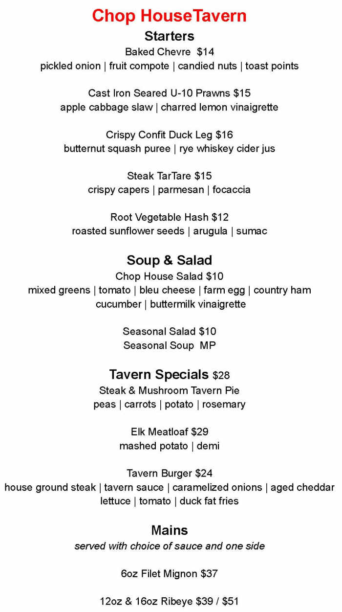 Chop House Tavern menu page 1