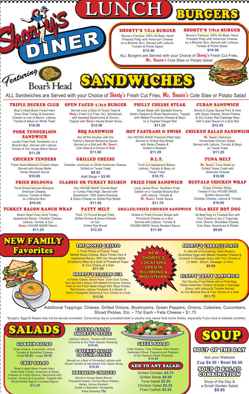 Shorty's Diner Menu, Williamsburg, VA