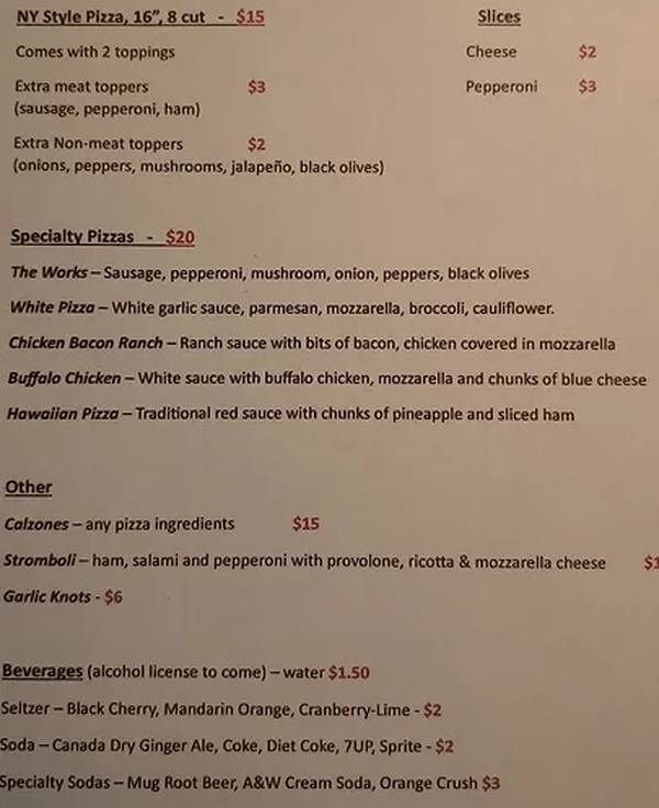 Walloomsac Battlefield Tavern menu page 1