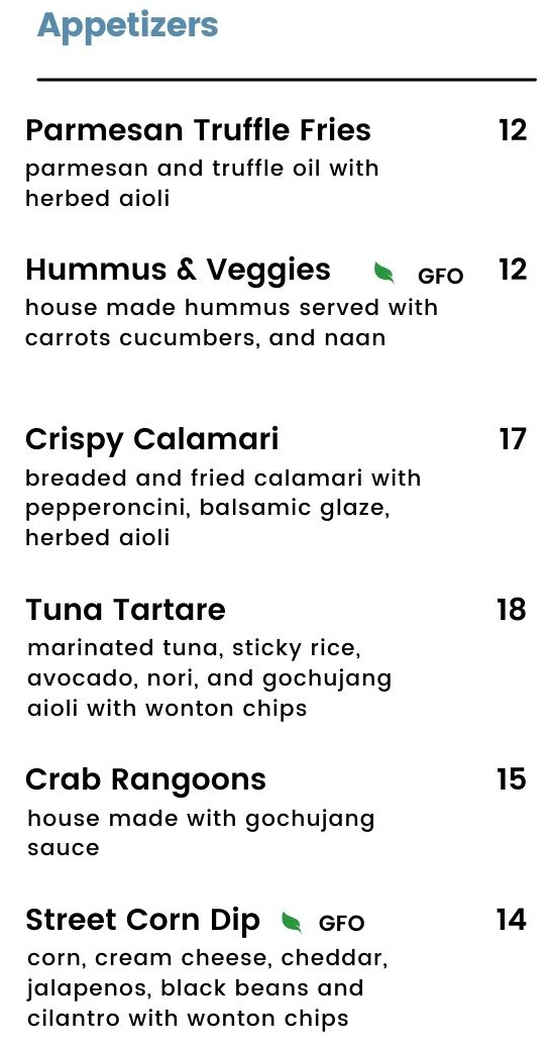 Union South Bar & Provisions menu page 1