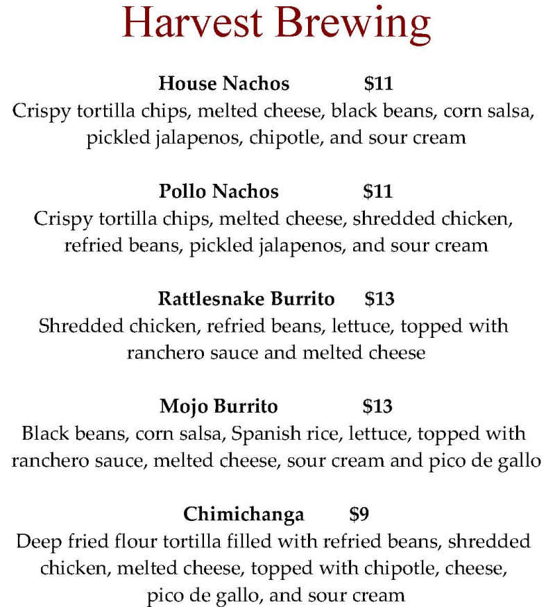 Harvest Brewing menu page 1