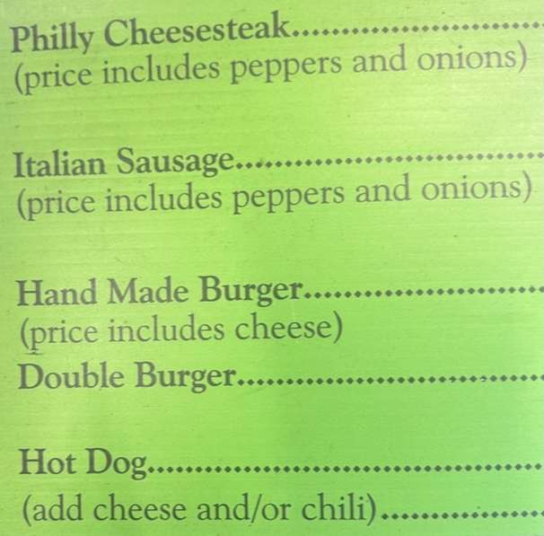 Juniors Food Truck menu page 1