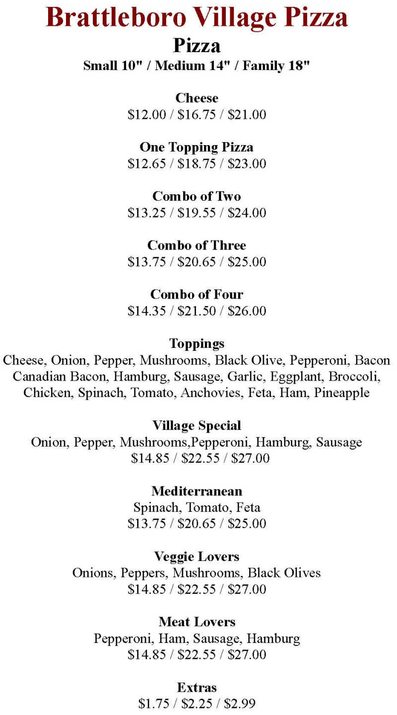 Brattleboro Village Pizza menu page 1