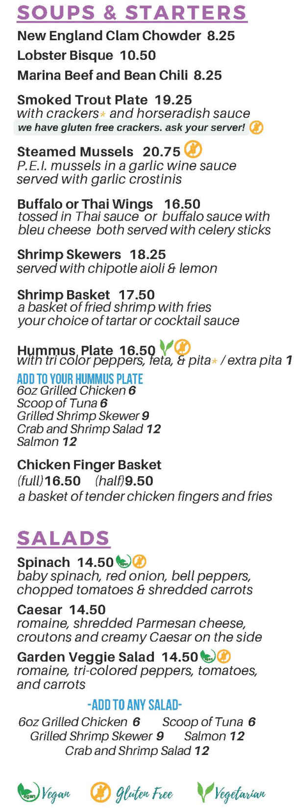 The Marina menu page 1