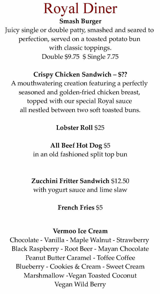 The Royal Diner menu page 1