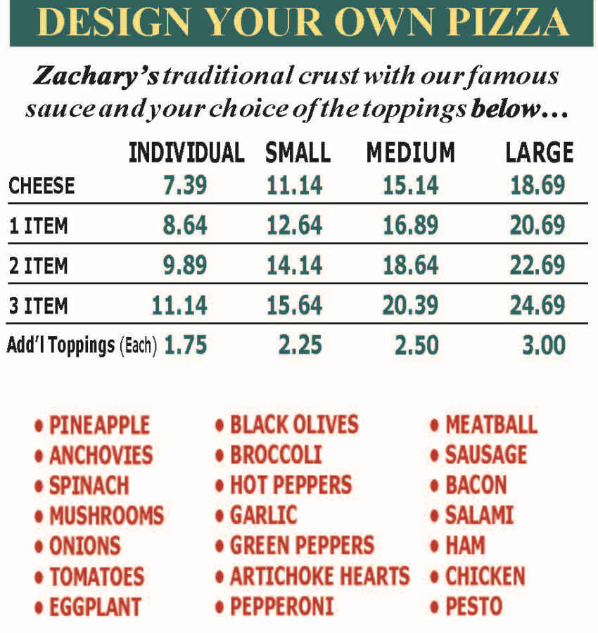 Zachary’s Colchester menu page 1