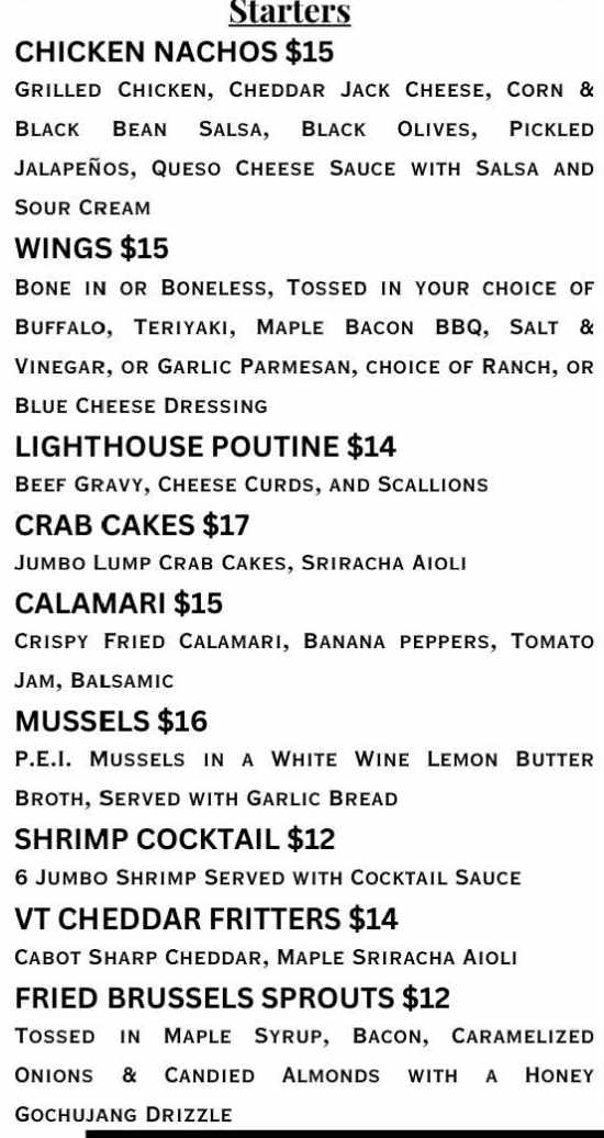 The Lighthouse Restaurant menu page 1