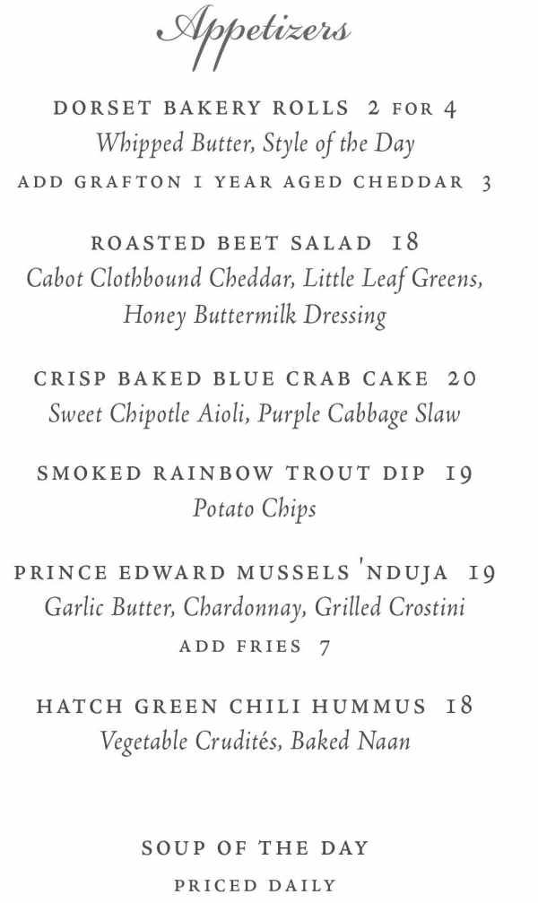 The Dorset Inn menu page 1