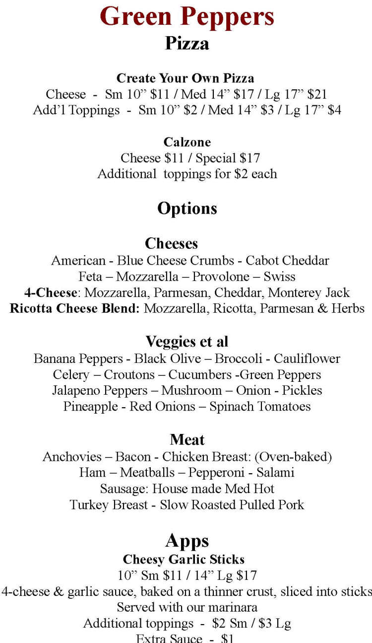 Green Peppers menu page 1